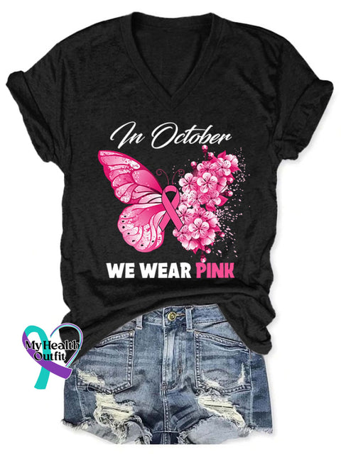 V-Neck Breast Cancer Awareness Butterfly In October We Wear Pink Print T-Shirt Black / S