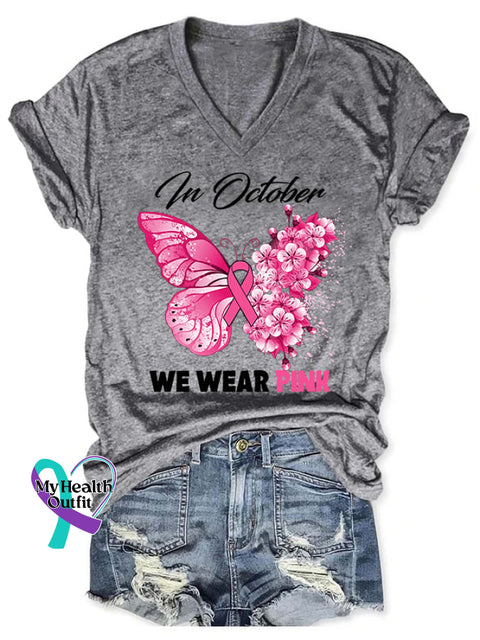 V-Neck Breast Cancer Awareness Butterfly In October We Wear Pink Print T-Shirt Grey / S