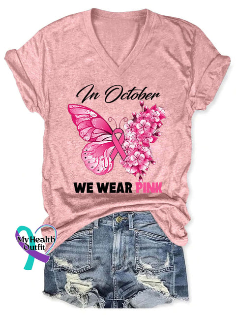 V-Neck Breast Cancer Awareness Butterfly In October We Wear Pink Print T-Shirt / S