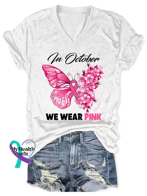 V-Neck Breast Cancer Awareness Butterfly In October We Wear Pink Print T-Shirt White / S