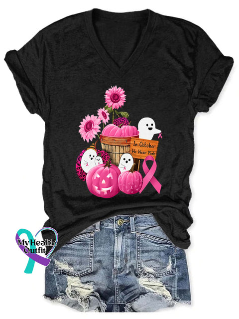 V-Neck Breast Cancer Awareness Ghost In October We Wear Pink Print T-Shirt Black / S