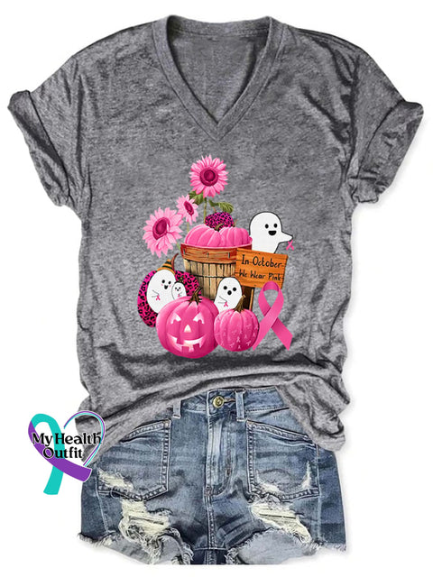 V-Neck Breast Cancer Awareness Ghost In October We Wear Pink Print T-Shirt Grey / S