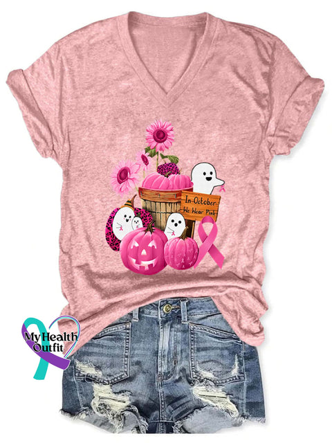 V-Neck Breast Cancer Awareness Ghost In October We Wear Pink Print T-Shirt / S