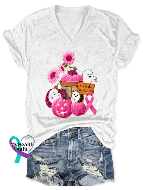 V-Neck Breast Cancer Awareness Ghost In October We Wear Pink Print T-Shirt White / S