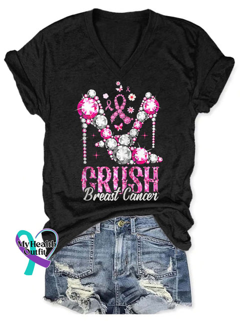 V-Neck Breast Cancer Awareness Heels Crush Print T-Shirt Black / S