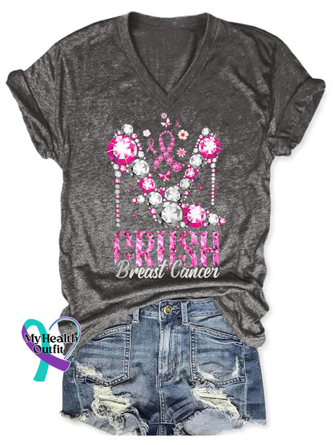 V-Neck Breast Cancer Awareness Heels Crush Print T-Shirt Dark Grey / S