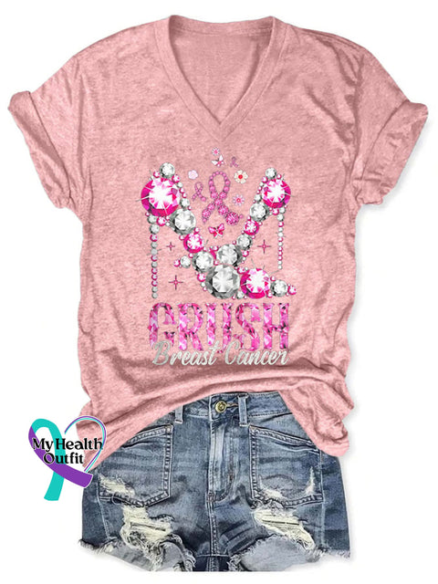 V-Neck Breast Cancer Awareness Heels Crush Print T-Shirt Pink / S