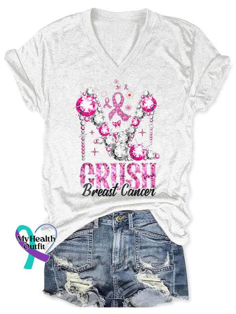 V-Neck Breast Cancer Awareness Heels Crush Print T-Shirt White / S