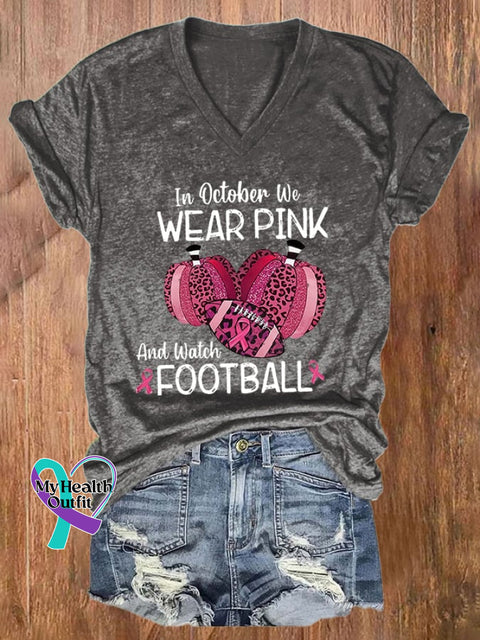 V-Neck Breast Cancer Awareness In October We Wear Pink And Watch Football Print T-Shirt Dark Grey /