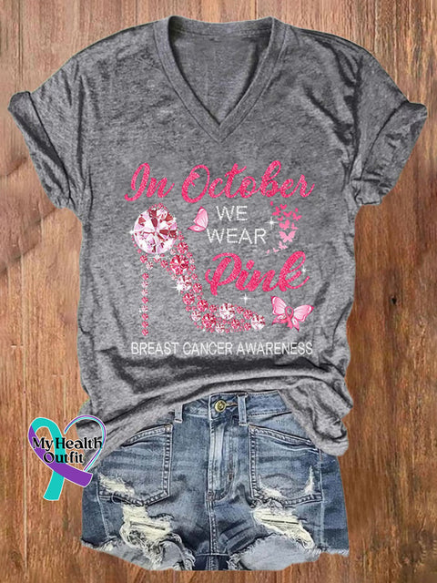 V-Neck Breast Cancer Awareness In October We Wear Pink Heels Butterfly Print T-Shirt Grey / S