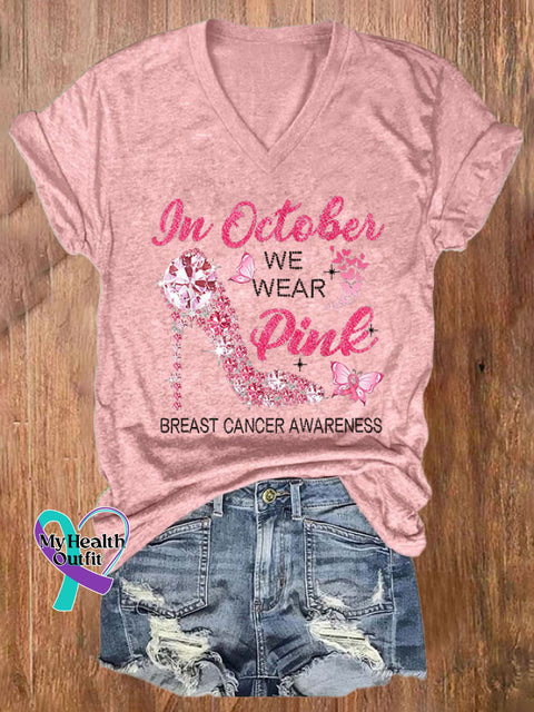 V-Neck Breast Cancer Awareness In October We Wear Pink Heels Butterfly Print T-Shirt / S