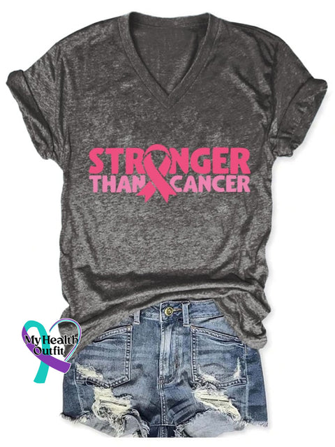 V-Neck Breast Cancer Awareness Pink Ribbon Stronger Than Print T-Shirt Dark Grey / S