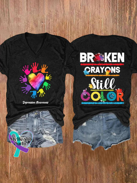 V-Neck Depression Awareness Broken Crayons Still Color Print T-Shirt Black / S