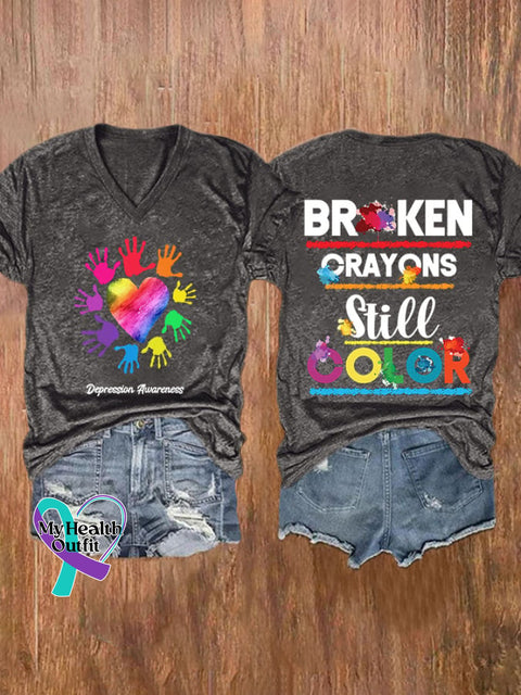 V-Neck Depression Awareness Broken Crayons Still Color Print T-Shirt Dark Grey / S