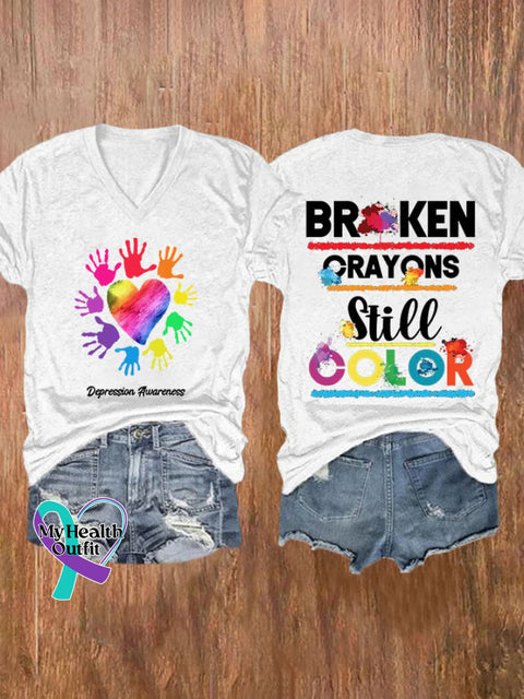 V-Neck Depression Awareness Broken Crayons Still Color Print T-Shirt White / S