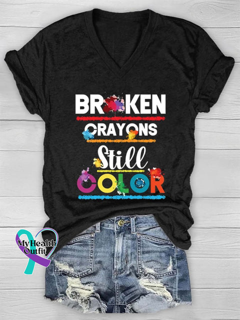 V-Neck Depression Awareness Suicidie Prevention Broken Crayons Still Color Print T-Shirt Black / S