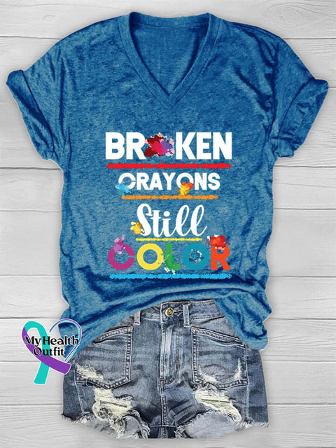 V-Neck Depression Awareness Suicidie Prevention Broken Crayons Still Color Print T-Shirt Blue / S