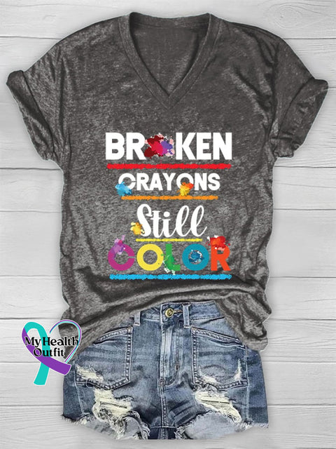 V-Neck Depression Awareness Suicidie Prevention Broken Crayons Still Color Print T-Shirt Grey / S