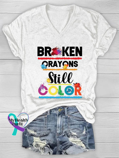 V-Neck Depression Awareness Suicidie Prevention Broken Crayons Still Color Print T-Shirt White / S
