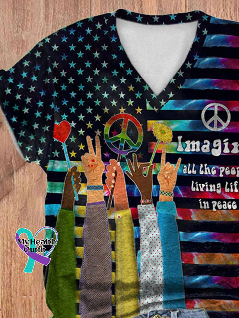 V-Neck Hippie Imagine All The People Living Life In Peace Print T-Shirt