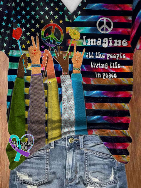 V-Neck Hippie Imagine All The People Living Life In Peace Print T-Shirt