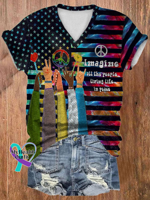 V-Neck Hippie Imagine All The People Living Life In Peace Print T-Shirt As Shown / S