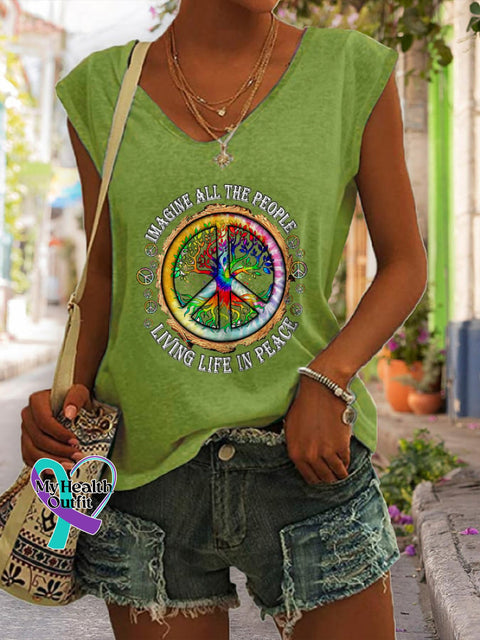 V-Neck Hippie Imagine All The People Living Life In Peace Print Tank Top Green / S