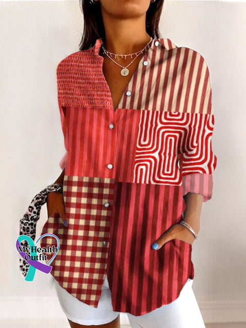 V Neck Long Sleeve Abstract Graphic Regular Micro-Elasticity Regular Fit Shirt For Women Red / S /new-trends