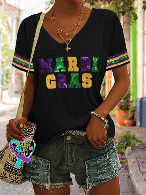 V-Neck Mardi Gras Purple Green And Gold Print T-Shirt Black / S