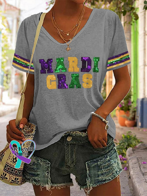 V-Neck Mardi Gras Purple Green And Gold Print T-Shirt Grey / S