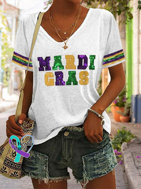 V-Neck Mardi Gras Purple Green And Gold Print T-Shirt White / S
