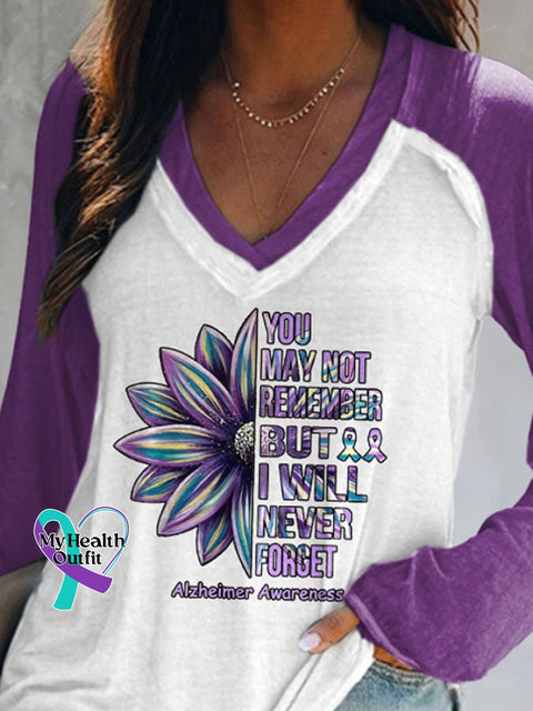 V-Neck Retro Alzheimer’s Awareness You May Not Remember But I Will Never Forget Print T-Shirt