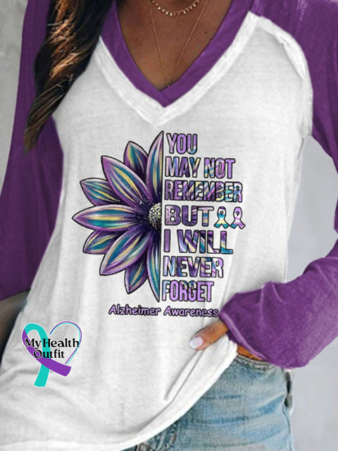 V-Neck Retro Alzheimer’s Awareness You May Not Remember But I Will Never Forget Print T-Shirt