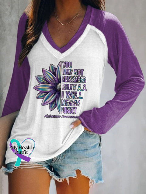 V-Neck Retro Alzheimer’s Awareness You May Not Remember But I Will Never Forget Print T-Shirt
