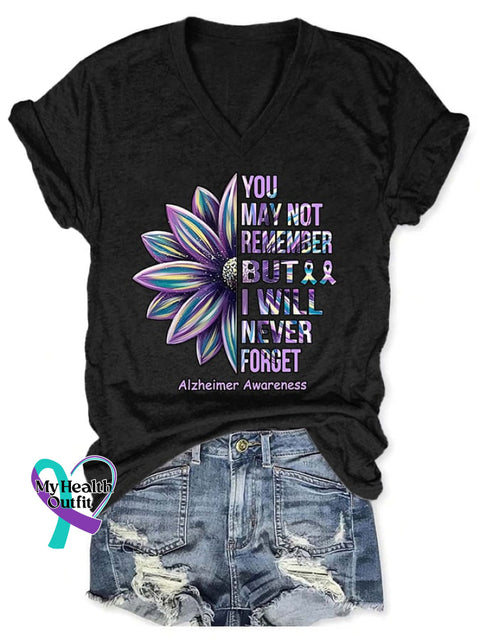 V-Neck Retro Alzheimer’s Awareness You May Not Remember But I Will Never Forget T-Shirt Black / S