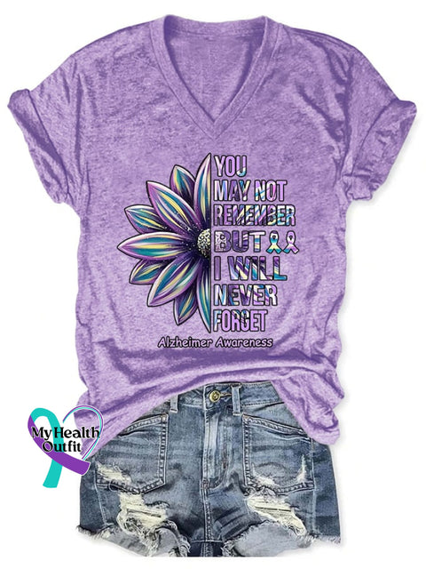 V-Neck Retro Alzheimer’s Awareness You May Not Remember But I Will Never Forget T-Shirt Purple / S