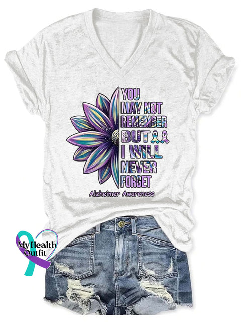 V-Neck Retro Alzheimer’s Awareness You May Not Remember But I Will Never Forget T-Shirt White / S