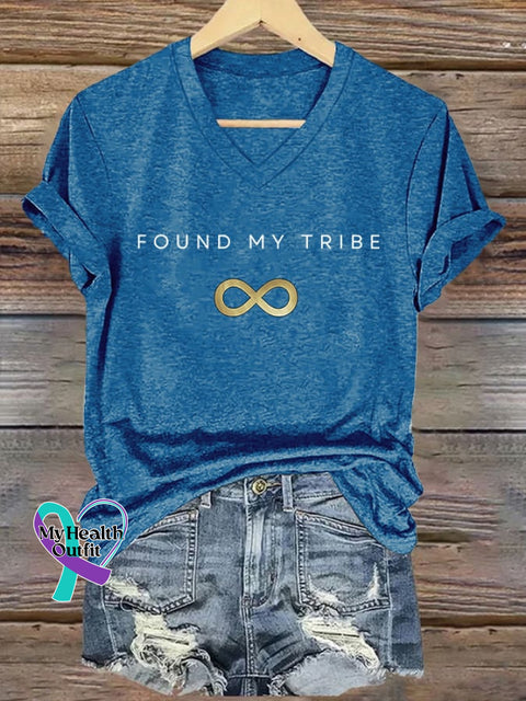 V-Neck Retro Autism Acceptance Infinity Symbol Found My Tribe Print T-Shirt Blue / S