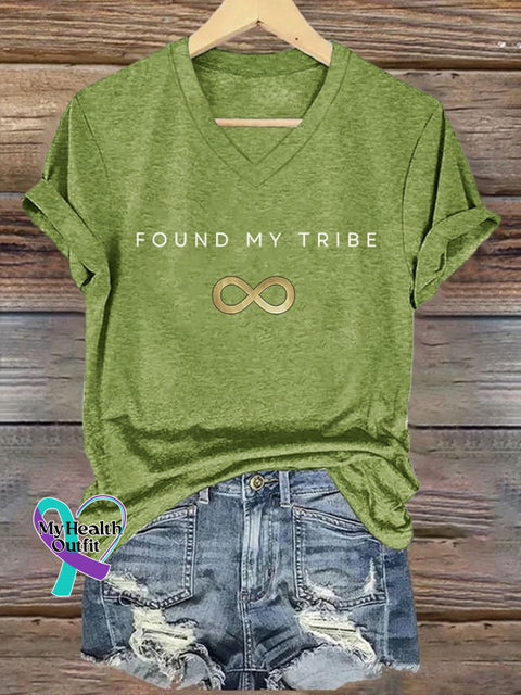 V-Neck Retro Autism Acceptance Infinity Symbol Found My Tribe Print T-Shirt Green / S