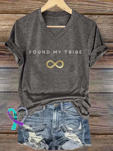 V-Neck Retro Autism Acceptance Infinity Symbol Found My Tribe Print T-Shirt Grey / S