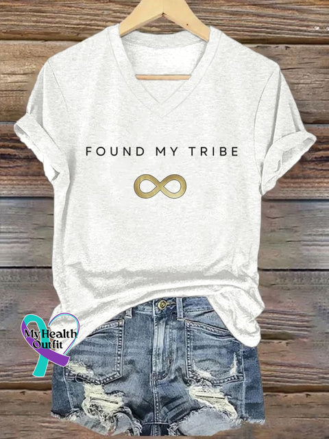 V-Neck Retro Autism Acceptance Infinity Symbol Found My Tribe Print T-Shirt White / S