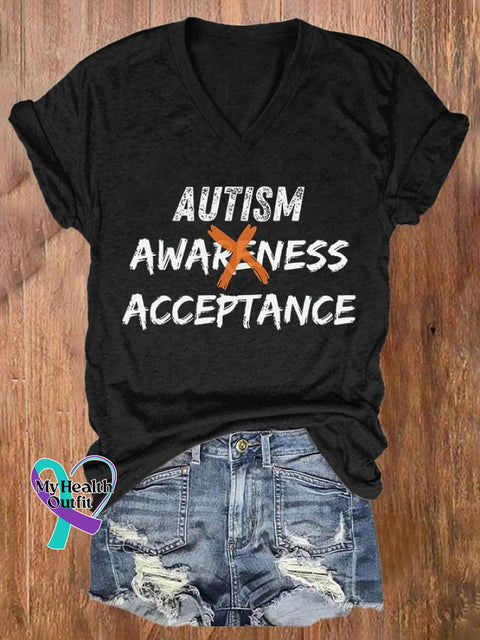 V-Neck Retro Autism Acceptance Print T-Shirt Black / S