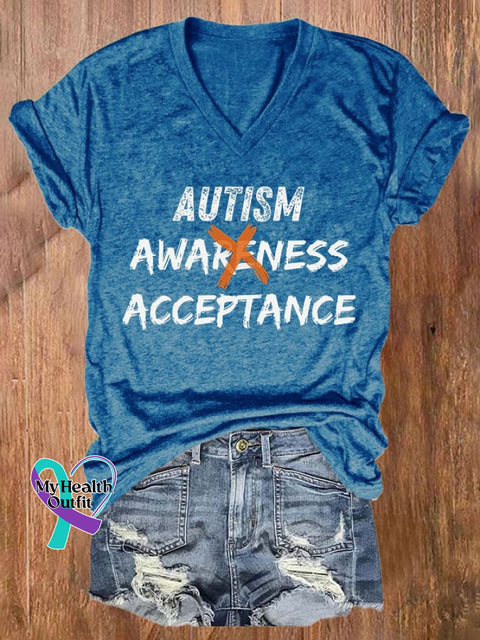 V-Neck Retro Autism Acceptance Print T-Shirt Blue / S