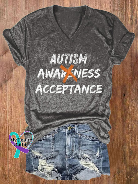 V-Neck Retro Autism Acceptance Print T-Shirt Grey / S