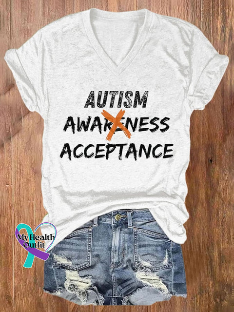 V-Neck Retro Autism Acceptance Print T-Shirt White / S