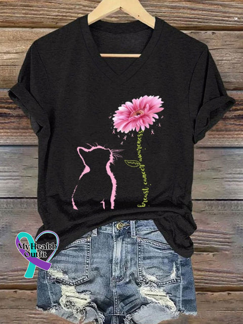 V-Neck Retro Breast Cancer Awareness Cat Barberton Daisy Print T-Shirt Black / S