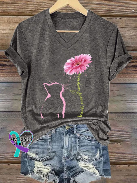 V-Neck Retro Breast Cancer Awareness Cat Barberton Daisy Print T-Shirt Dark Grey / S