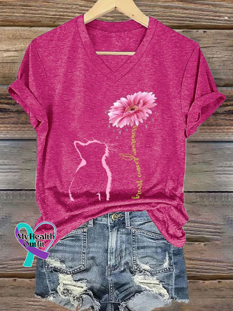 V-Neck Retro Breast Cancer Awareness Cat Barberton Daisy Print T-Shirt Dark Pink / S
