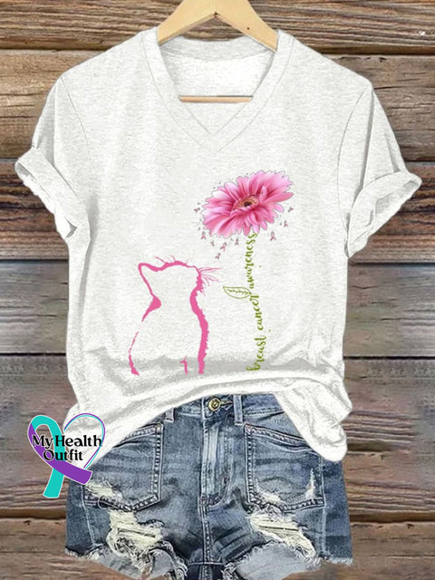 V-Neck Retro Breast Cancer Awareness Cat Barberton Daisy Print T-Shirt White / S