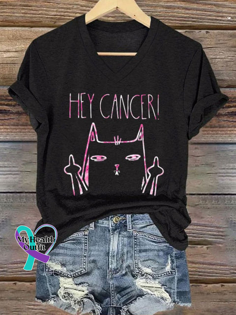V-Neck Retro Breast Cancer Awareness Cat Hey Print T-Shirt Black / S